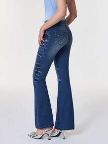 Selenza 女款 Zodiac 系列天秤座图案优雅通勤喇叭牛仔裤，采用银色刺绣精制牛仔布，水钻细节，星空图案，治愈、富有同情心、浪漫、聪明 - 藍色 - 查看 2