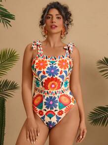 Travachic Plus Size Women Tropical Colorful Flower Print Backless Tie Shoulder Swimsuit, Sexy Beach Wear For Summer Floral One Piece Swimsuit Flower Swimsuit Multicolor One Piece Swimsuit One Piece Bathing Suit Tie Shoulder One Piece Swimsuit - Multicolor - View 3
