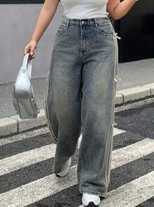 Dazy Plus Color Block Patchwork Ribbon Bow Decor Loose Wide Leg Jeans, Casual Women Denim Pants, All Season