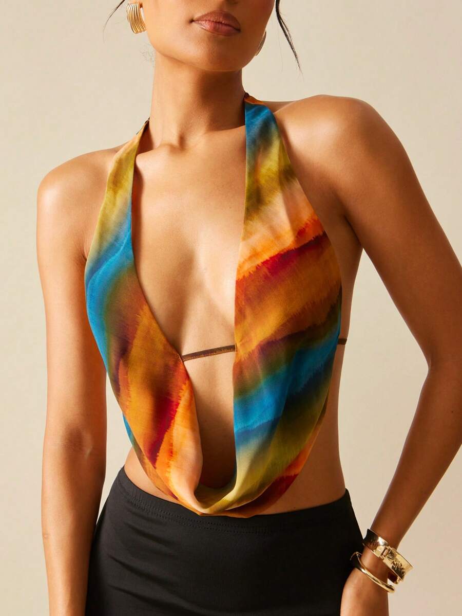 Hauture Top corto de verano con escote halter y espalda abierta en estampado tie-dye sexy - Multicolor - Ver 1