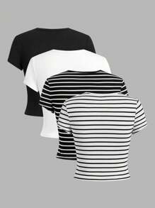 SHEIN EZwear 4件組女款休閒極簡碎花圖案圓領短袖修身短版T恤，適合夏季外出穿著 - 黑與白 - 查看 2