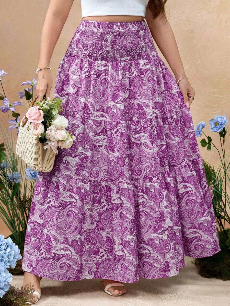 Flirla 大码女式腰果印花波西米亚风格长裙 - 紫色 - 查看 1