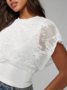 MISSGUIDED Lace Embellished Puff Sleeve Cinched Waist Top Elegant Evening Occasion Summer Spring Blouse - White - View 3