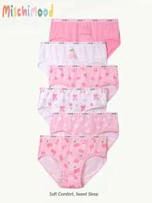 6 件套女童粉色樱桃蝴蝶结全身印花可爱卡通爱心图案高腰舒适柔软设计三角裤套装 - 彩色 - 查看 1