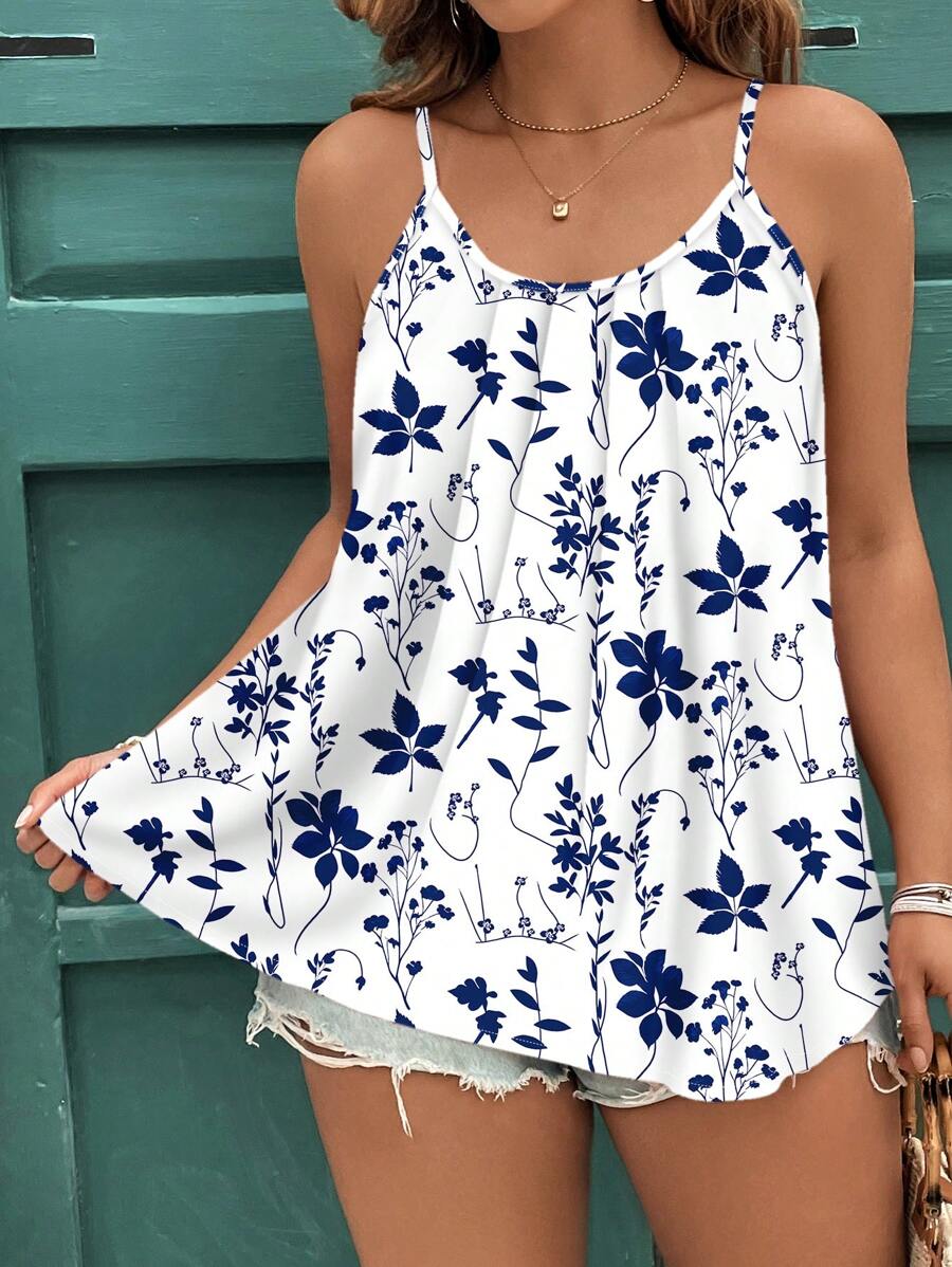 EMERY ROSE 休闲优雅藏蓝色和白色碎花大码女式背心/上衣，适合夏季外出穿着 - 藍白色 - 查看 1