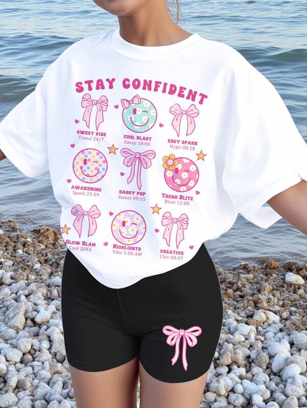 SHEIN Cute Pink Face & Bow Print, 2pcs Teen Girls Casual Simple Short Sleeve Crew Neck Set, Suitable For Summer