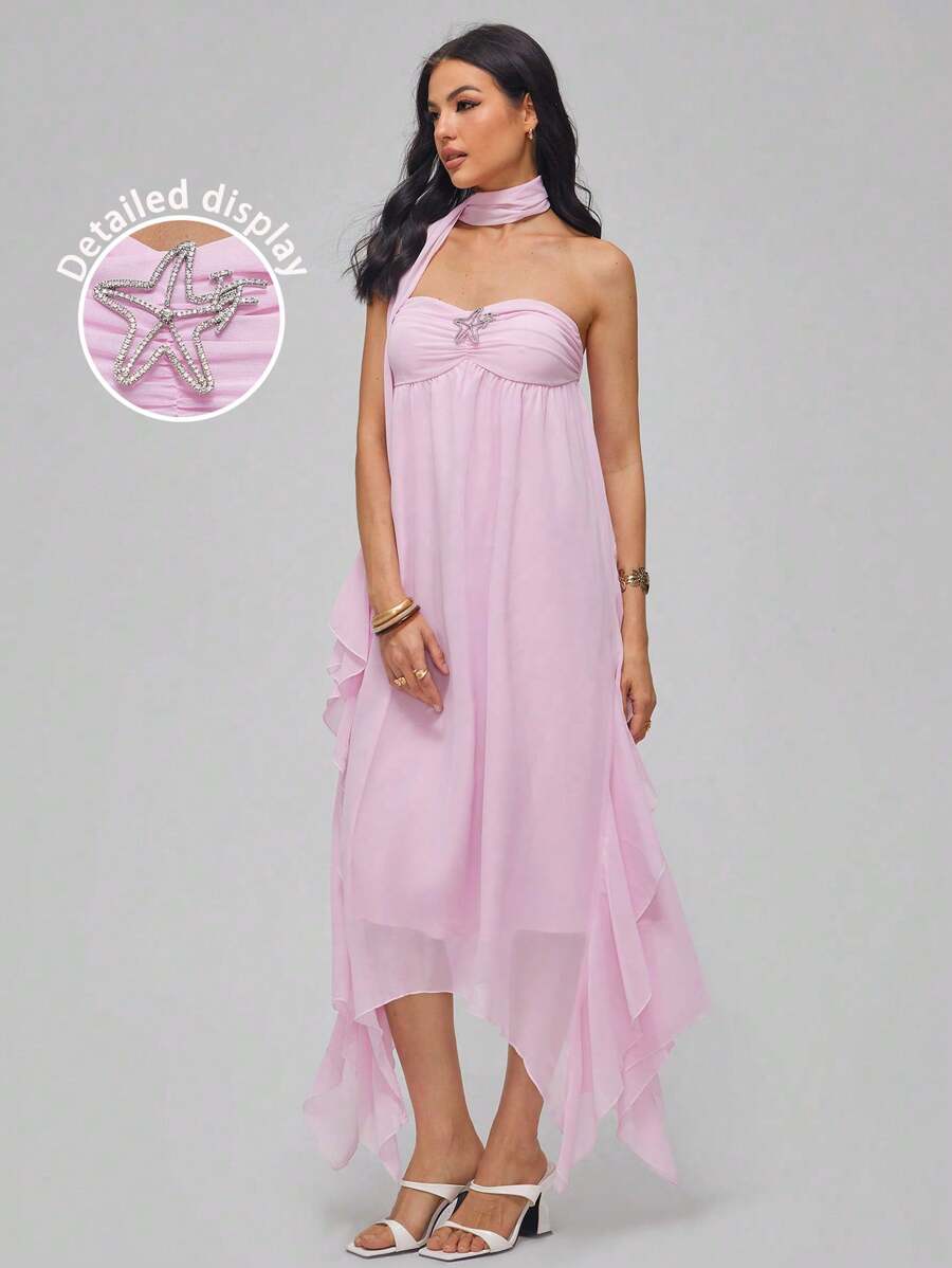 Roylia Women's Summer Asymmetrical Hem Ruffle Trim Buttoned Bandeau Midi Dress - Pink - View 1