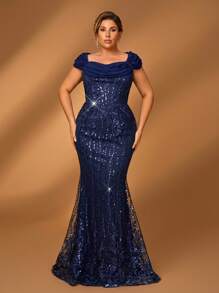 Serin Plus Size Elegant & Luxurious Blue Long Mother Of The Bride Dress With Cap Sleeve, Embroidered Floral & Sequins Details - Navy Blue - View 4