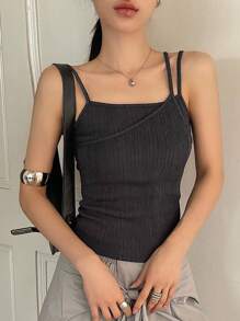 FRIFUL Áo hai dây không đối xứng ôm vừa vặn có gân màu trơn cho nữ - Xám - Xem 3