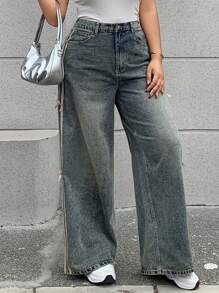 Dazy Plus Color Block Patchwork Ribbon Bow Decor Loose Wide Leg Jeans, Casual Women Denim Pants, All Season