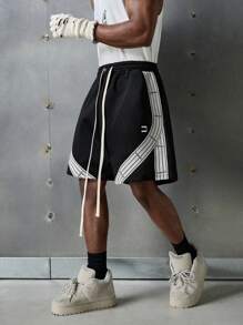 NEON BLANC Men's Street Fashion Embroidered Letter Tape Knit Shorts, Streetwear - Black - View 3