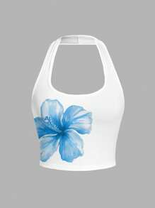 SHEIN EZwear Women's Blue Watercolor Floral Print Casual Cami Tank Top, Suitable For Music Festival, Beach Vacation, Romance, Spring Break In Summer