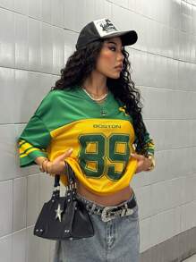 StreetHx 街头服饰 女款春夏拼色字母印花短袖 T 恤