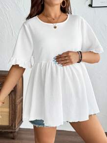 Plussiva Plus Size Maternity Ribbed Crew Neck Casual Short Sleeve T-Shirt White - White - View 3