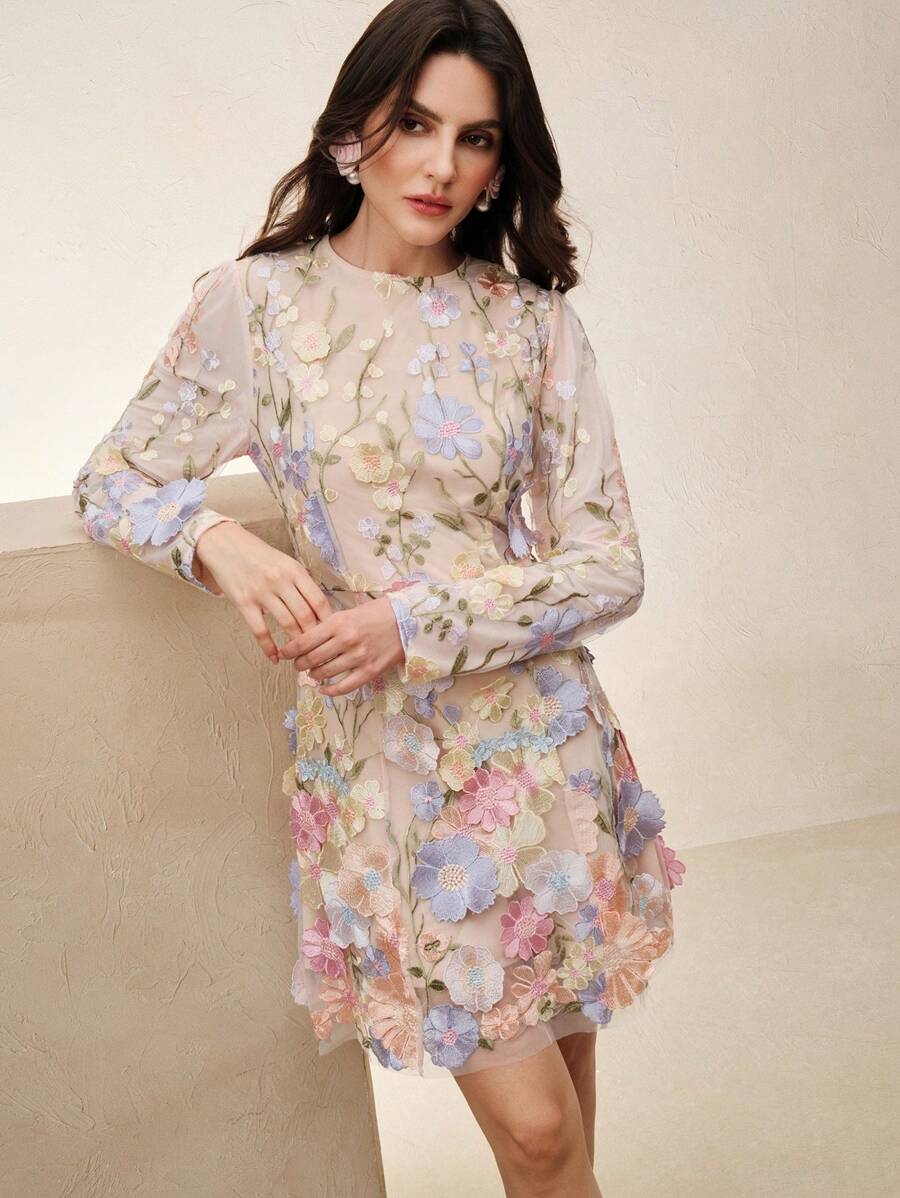 Anewsta 3D Floral Embroidery Women Short Sleeve Mini Dress - Purple - View 1