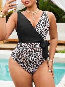 Swim Lushoire Plus Size Women Random Print Lace Up Ruched Monokini Swimsuit For Summer Beach Vacation - Black - View 5