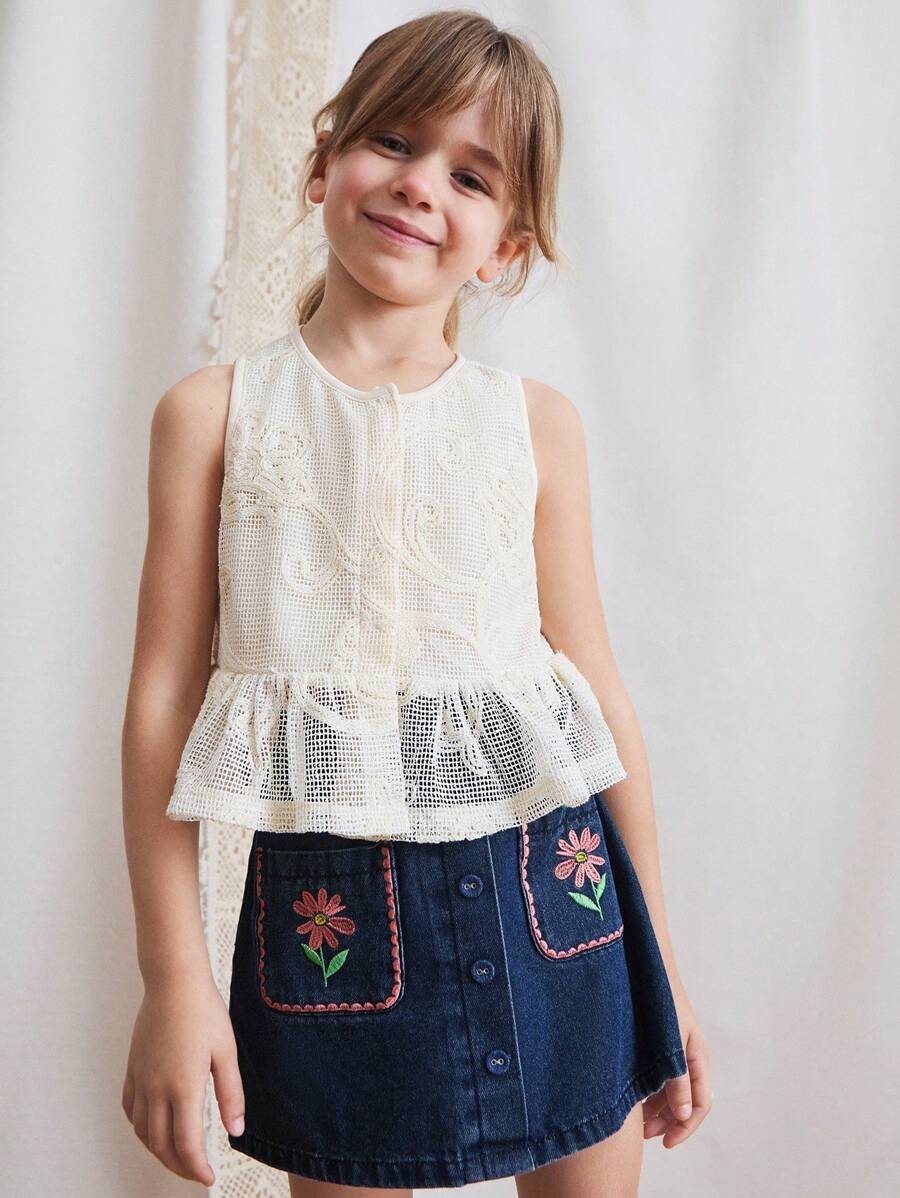 SHEIN 少女波西米亚风刺绣荷叶边下摆背心和吊带背心，适合夏季穿着