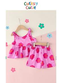 CutesyCutie 2pcs Young Girl Ditsy Floral Woven Top And Shorts Set - Multicolor - View 3