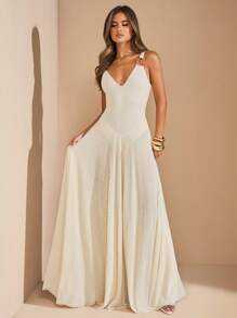 SHEIN BAE Vestido sin mangas en beige con falda de malla acampanada y fluida, vestido largo de tul transparente, vestido largo para vacaciones en la playa, vestido elegante para primavera/verano - Albaricoque - Ver 4