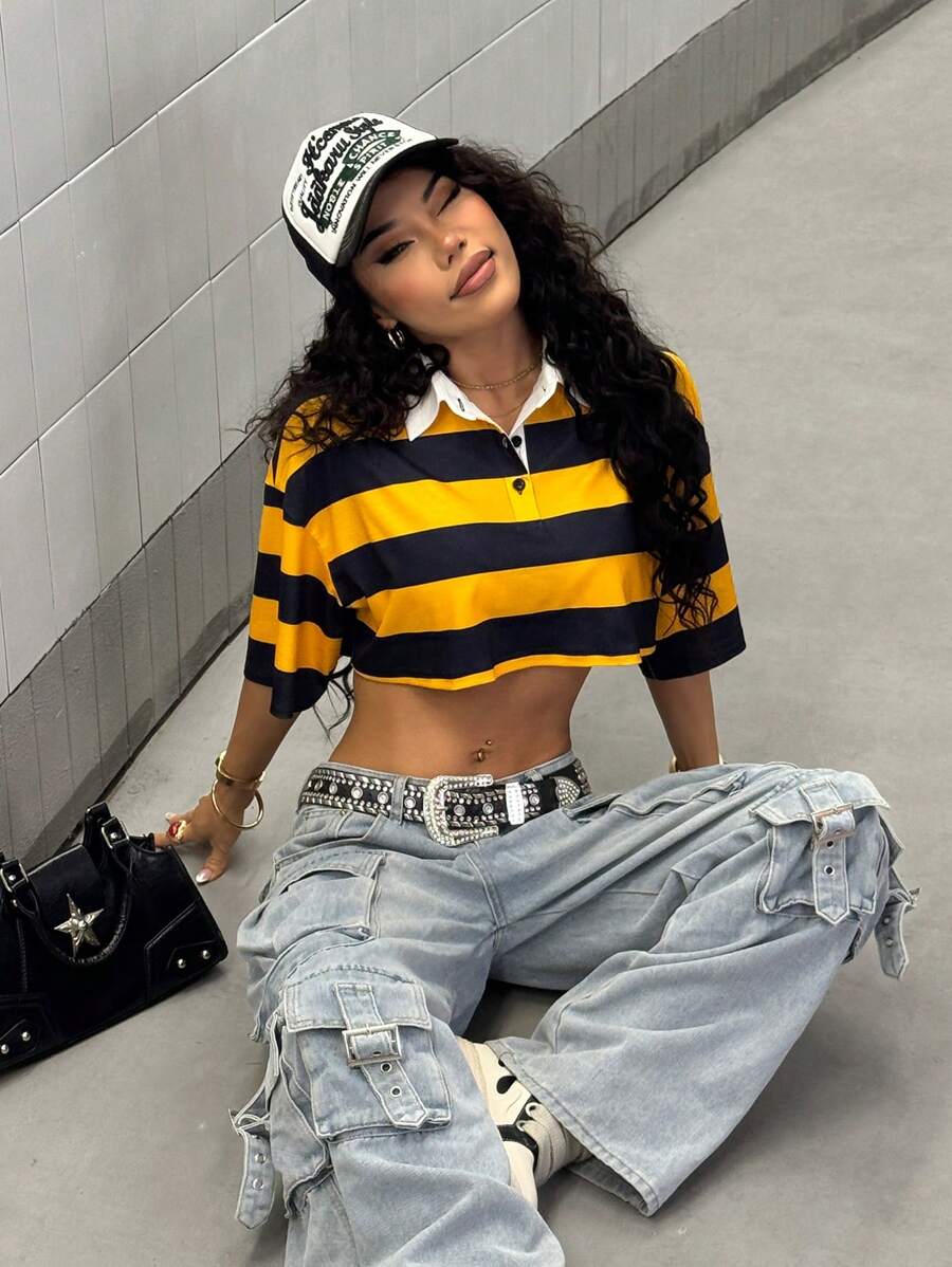 StreetHx Women's Streetwear Loose Fit Multi-Stripe Polo Shirt, Sporty Casual For Commuting, Spring/Summer - Yellow - View 1