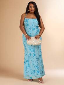 SHEIN BAE Vestido largo con lentejuelas y tirantes con lazo en la espalda, color azul sólido, talla grande, adecuado para la playa, vacaciones, vestido sin espalda, vestido de verano azul, vestido para festival de música, atuendo de graduación, atuendo del 4 de julio, atuendo de vacaciones en la isla, vestido de graduación, top tubo, ropa de verano, atuendos de playa para mujer, Y2k, conciertos