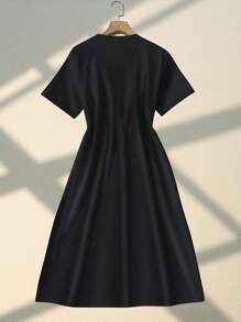 SHEIN Explorewe 1pc Khaki & Navy Patchwork Dress, Fashionable Casual Dress For Teenage Girls