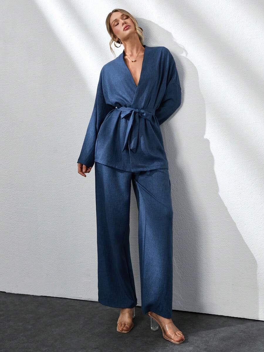 CLARA VERO Two Pieces With Belt Details, Cozy Sets, Easy To Wear At Home And Outdoor - Navy Blue - View 1