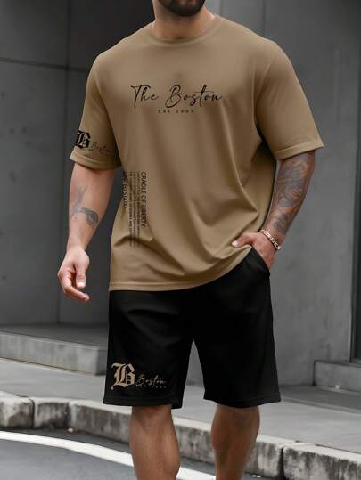 Manfinity Homme Plus Size Men's Summer Casual Slogan Print Short Sleeve T-Shirt And Shorts Set Men Two Pieces Outfits Short Set