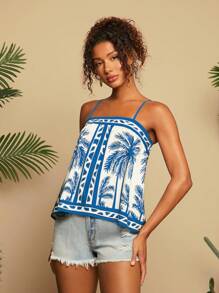 Travachic 黑白花卉印花植物印花休闲度假吊带背心，夏季，夏季，沙滩装，春夏，复活节，海滩，春假，度假，音乐会女士，波西米亚风，波西米亚风，音乐节，热带度假女士，7 月 4 日，假日 - 藍白色 - 查看 6