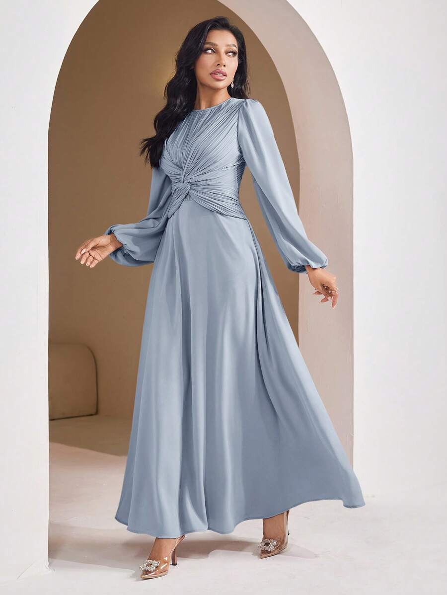 Veilorie Women's Solid Color Elegant Twist Pleated Long Sleeve Abaya Dress, Modest - Blue - View 1
