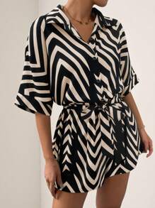 Vesra Striped Print Bat Wing Collar Bowknot Women's Romper