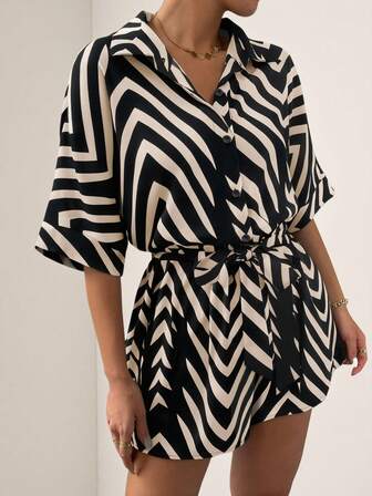 Vesra Mono de mujer con estampado de rayas, cuello de murciélago y moño