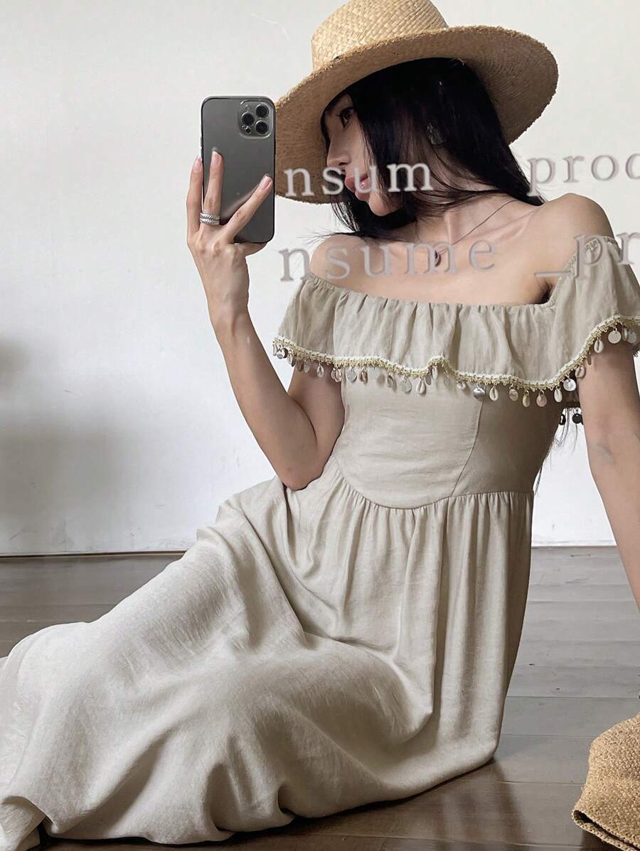 DAZY New Summer Women's Long Beach Dress Off Shoulder Top Vacation Maxi Dress Boho - Khaki - View 1
