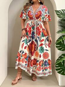 Breezaya Robe midi d'été à foulards, col en V, ceinturée, avec volants à l'ourlet, imprimé art abstrait tropical, pour grande taille