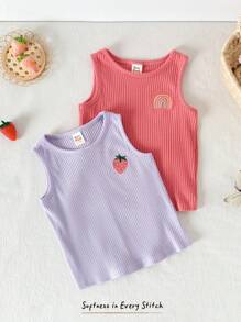 Cozy Pixies 2pcs/Set Baby Girl Rainbow & Strawberry Pattern Soft Knit Camisole Top Set - Multicolor - View 1