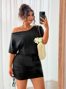 Flirla Vestido mini ajustado con hombros descubiertos, cordón en la cintura y casual - Negro - Ver 5