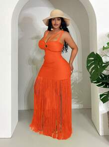 Slaydiva 大码女式镂空流苏下摆度假休闲连衣裙 - 橘色 - 查看 3