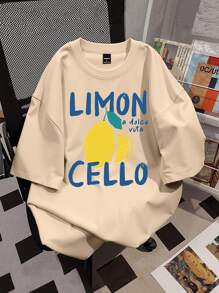 Manfinity Hypemode Fitted Men's Summer T-Shirt With Letter & Lemon Print, Crew Neck