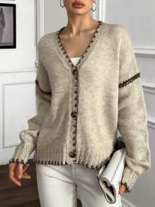 EURMUSE Áo len cardigan nữ chất lượng cao chải kỹ viền tương phản ấm áp và thoải mái - Màu be - Xem 4