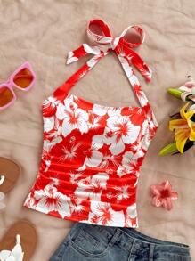 Soleia 女士度假针织浪漫粉色芙蓉印花露背收腰时尚吊带背心，适合春夏季节、派对、约会、情人节、下午茶、复活节、狂欢节、海滩巡游度假