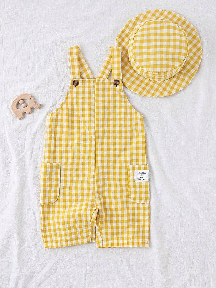 Vintaside Kids Bộ quần yếm vải gingham và mũ phù hợp cho bé trai màu trắng/xanh lá, phong cách đồng quê, thời trang đa năng cho hoạt động ngoài trời, trang phục thường ngày, tập thể dục hàng ngày, mùa xuân/hè - Màu vàng - Xem 1