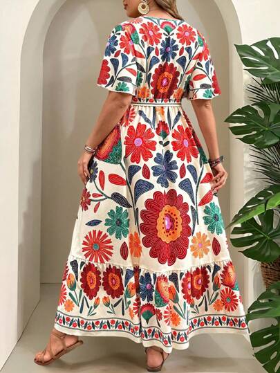 SHEIN Clasi Plus Size Tropical Holiday Abstract Art Print Cross V-Neck Belted Ruffle Hem Midi Sun Dress