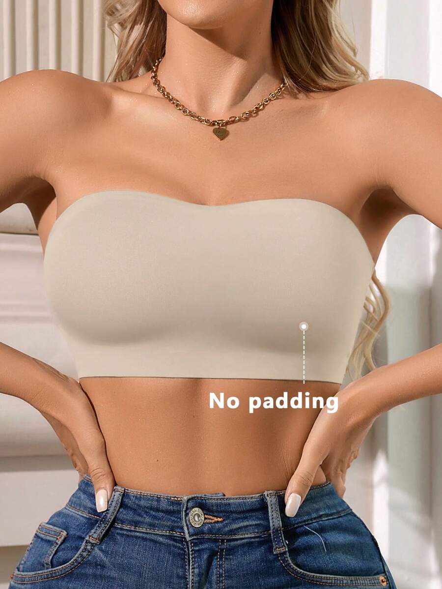 1 件女士无钢圈短款吊带文胸，夏季时尚 - 杏色 - 查看 1