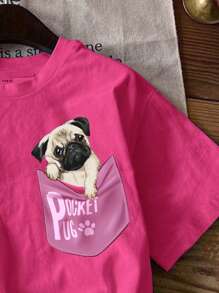 SHEIN Leap Crew Tween Girls Casual Simple Short Sleeve Round Neck T-Shirt, Suitable For Spring And Summer - Hot Pink - View 4