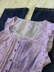 INAWLY Women's Polka Dot Print Casual Frill Trim Sleeveless Button Down Shirt, Summer
