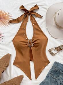 Soleia 女士休闲系带领金属扣合身不对称下摆上衣，绒面面料，西式风格，音乐节，派对，夏季