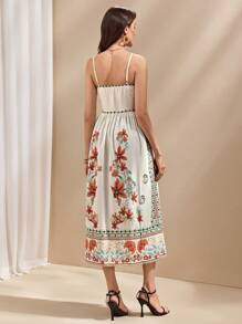 Almamuse 女士优雅花卉吊带无袖上衣，配蝴蝶结和侧开衩下摆 - 彩色 - 查看 2