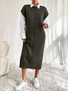 EURMUSE Solides Kleid mit Fledermausärmeln und Knopfdetails