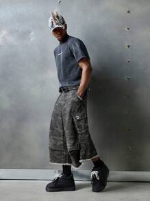 NEON BLANC Men's Street Fashion Denim Loose Wide Leg Camouflage Embroidery Decor Pocket Capri Pants, School, Streetwear Ready