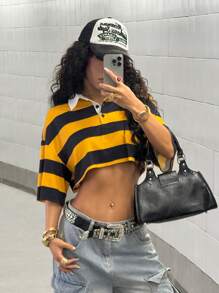 StreetHx Women's Streetwear Loose Fit Multi-Stripe Polo Shirt, Sporty Casual For Commuting, Spring/Summer - Yellow - View 5